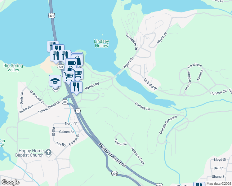 map of restaurants, bars, coffee shops, grocery stores, and more near 3601 Lindsey Lane in Guntersville