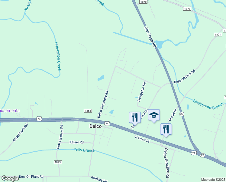 map of restaurants, bars, coffee shops, grocery stores, and more near 478 Delco Cemetery Road in Delco