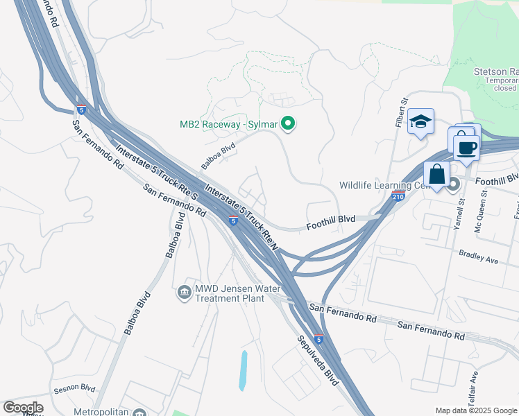 map of restaurants, bars, coffee shops, grocery stores, and more near 16601 Foothill Boulevard in Los Angeles