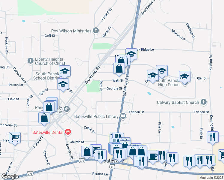 map of restaurants, bars, coffee shops, grocery stores, and more near 208 Georgia Street in Batesville