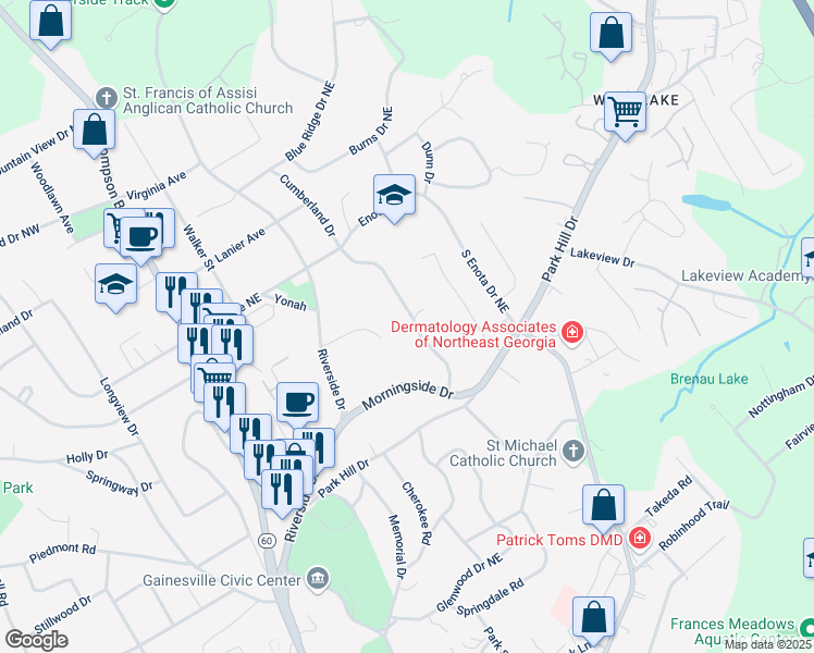 map of restaurants, bars, coffee shops, grocery stores, and more near 1127 Cumberland Valley Road in Gainesville