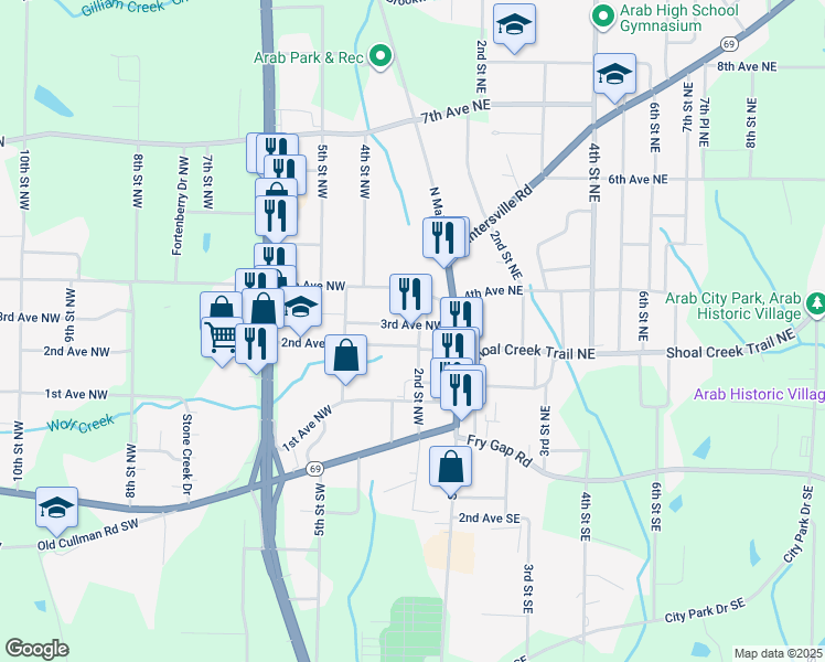 map of restaurants, bars, coffee shops, grocery stores, and more near 209 3rd Avenue Northwest in Arab