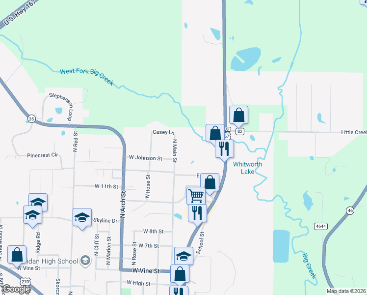 map of restaurants, bars, coffee shops, grocery stores, and more near 1310 North Main Street in Sheridan