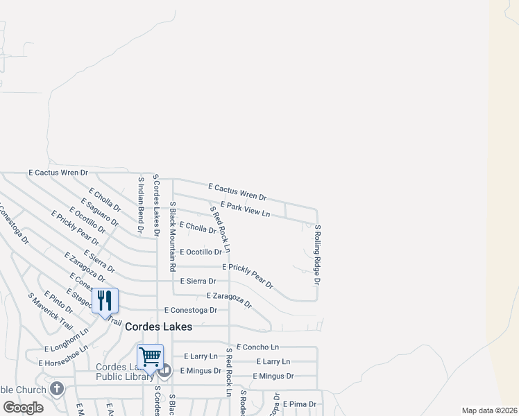map of restaurants, bars, coffee shops, grocery stores, and more near 20865 East Cactus Wren Drive in Mayer