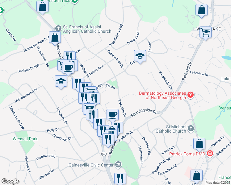 map of restaurants, bars, coffee shops, grocery stores, and more near 1253 Yonah in Gainesville