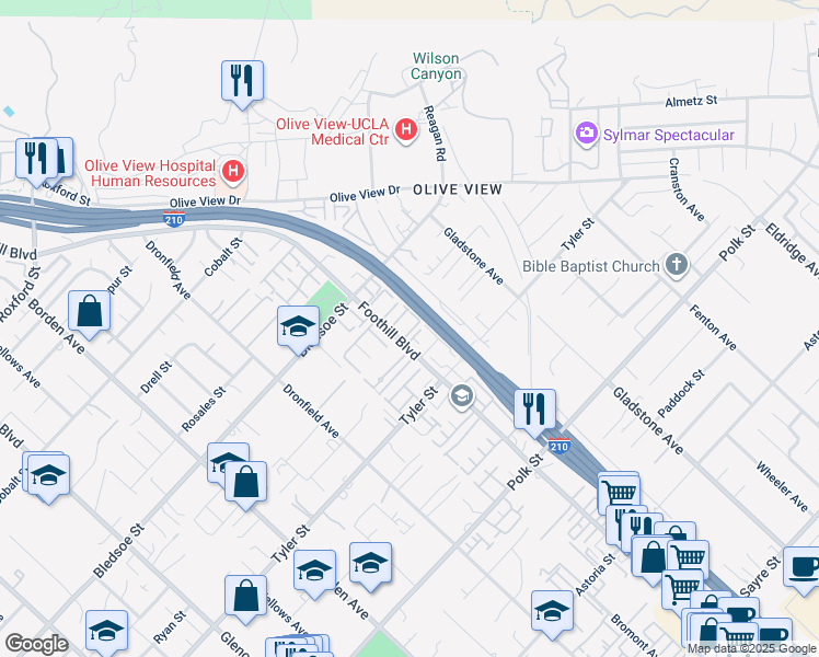map of restaurants, bars, coffee shops, grocery stores, and more near 14325 Foothill Boulevard in Los Angeles