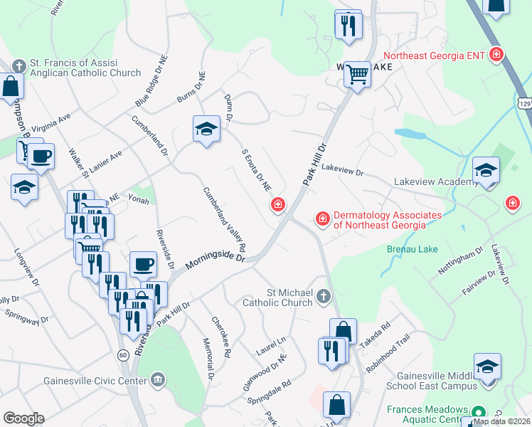 map of restaurants, bars, coffee shops, grocery stores, and more near 1314 Burnam Wood Drive in Gainesville