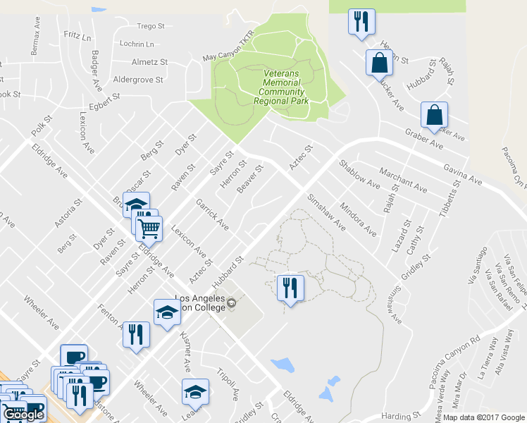 map of restaurants, bars, coffee shops, grocery stores, and more near 13074 Aztec Street in Los Angeles