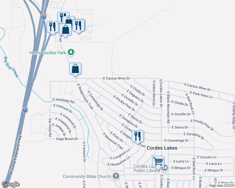 map of restaurants, bars, coffee shops, grocery stores, and more near 19980 East Prickly Pear Drive in Mayer