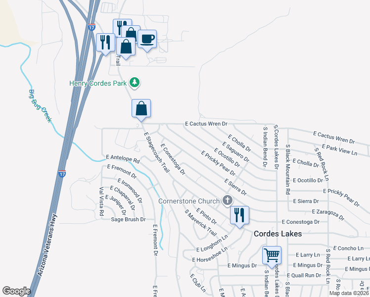 map of restaurants, bars, coffee shops, grocery stores, and more near 19908 East Sierra Drive in Mayer