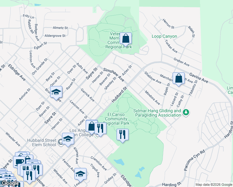map of restaurants, bars, coffee shops, grocery stores, and more near 13034 Aztec Street in Los Angeles