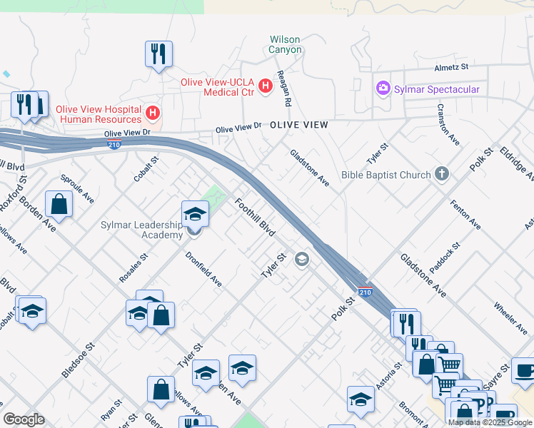 map of restaurants, bars, coffee shops, grocery stores, and more near 14345 Foothill Boulevard in Los Angeles
