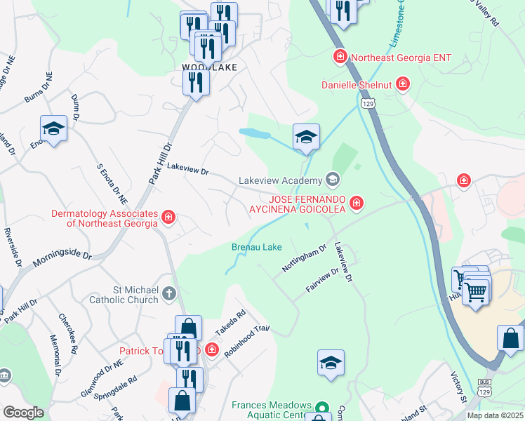 map of restaurants, bars, coffee shops, grocery stores, and more near 922 Brenau Point Drive in Gainesville