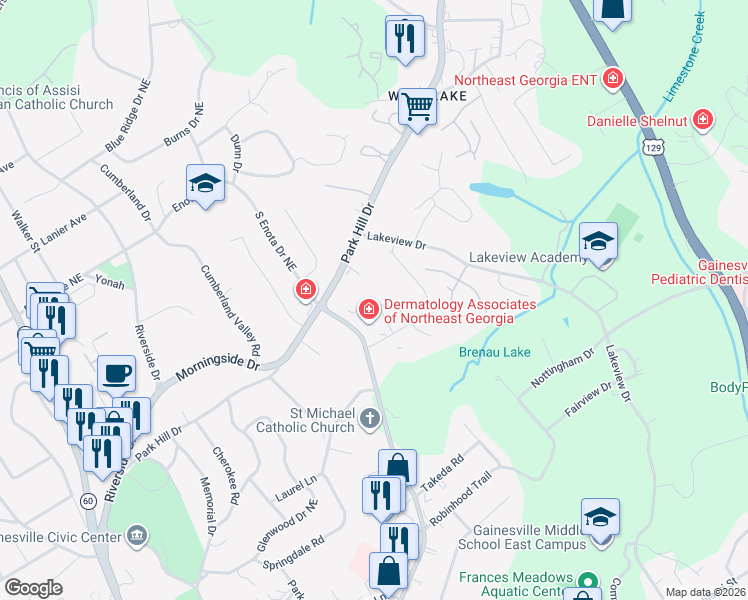 map of restaurants, bars, coffee shops, grocery stores, and more near 1037 Pearce Way in Gainesville