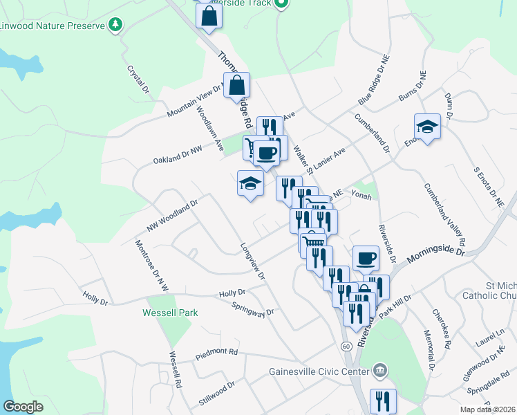 map of restaurants, bars, coffee shops, grocery stores, and more near 1399 Thompson Bridge Road in Gainesville