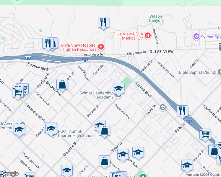 map of restaurants, bars, coffee shops, grocery stores, and more near 14543 Bledsoe Street in Los Angeles