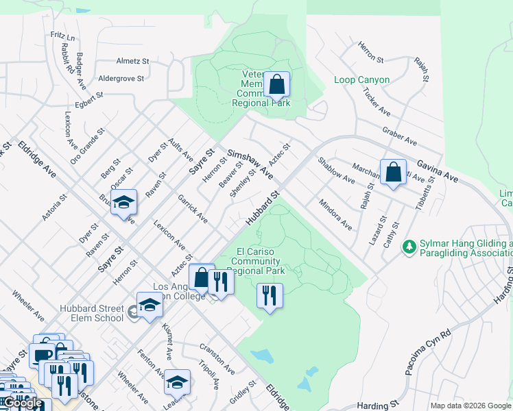map of restaurants, bars, coffee shops, grocery stores, and more near 13056 Aztec Street in Los Angeles