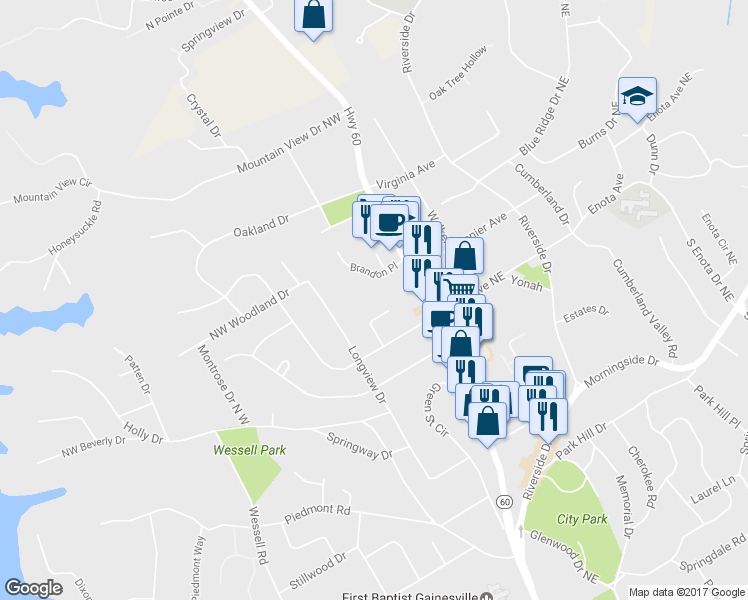 map of restaurants, bars, coffee shops, grocery stores, and more near 1397 Thompson Bridge Rd in Gainesville
