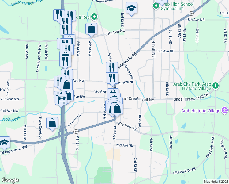 map of restaurants, bars, coffee shops, grocery stores, and more near 209 3rd Avenue Northwest in Arab