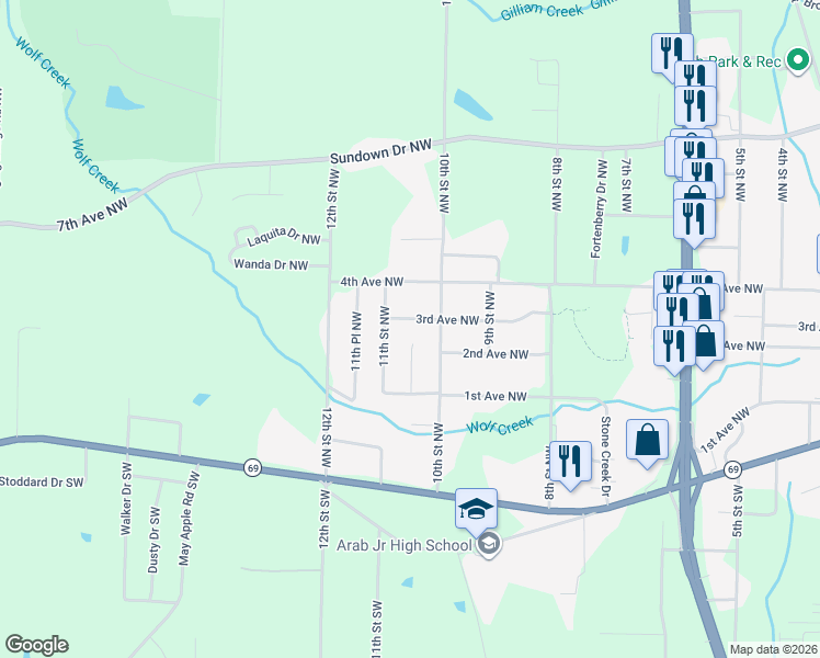 map of restaurants, bars, coffee shops, grocery stores, and more near 1039 3rd Ave NW in Arab