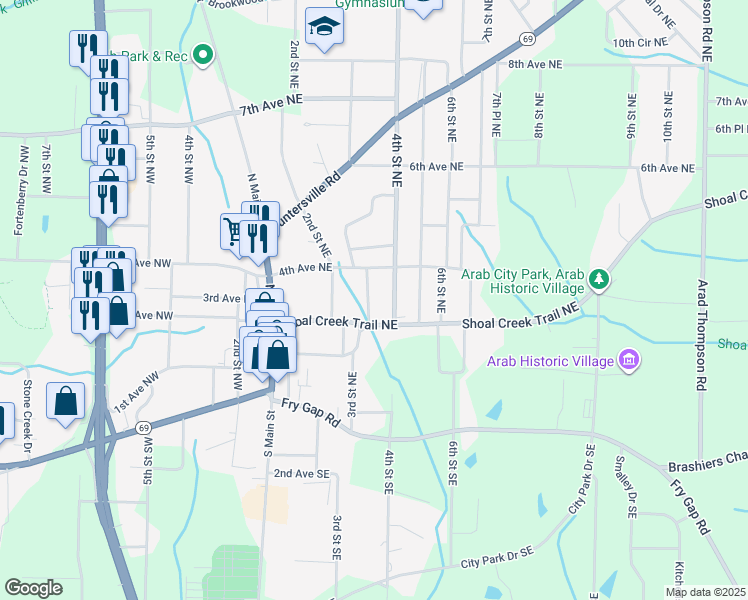 map of restaurants, bars, coffee shops, grocery stores, and more near 204 3rd Street Northeast in Arab