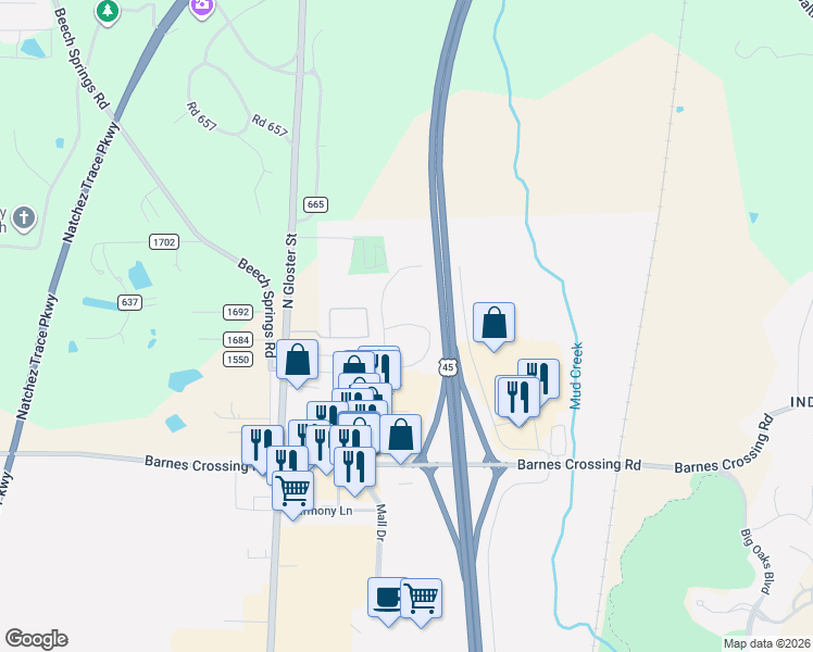 map of restaurants, bars, coffee shops, grocery stores, and more near U.S. 45 in Tupelo