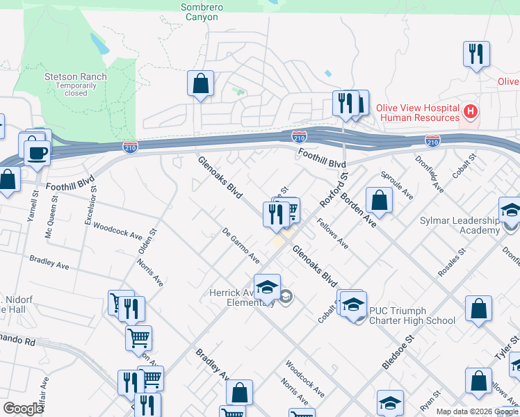 map of restaurants, bars, coffee shops, grocery stores, and more near 15245 Monte Street in Los Angeles