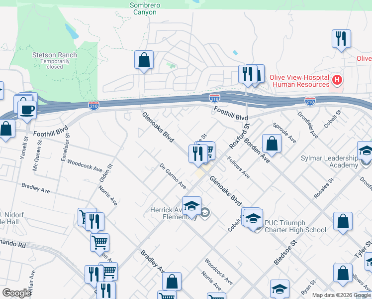 map of restaurants, bars, coffee shops, grocery stores, and more near 15245 Monte Street in Los Angeles