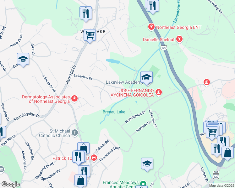 map of restaurants, bars, coffee shops, grocery stores, and more near 922 Brenau Point Drive in Gainesville