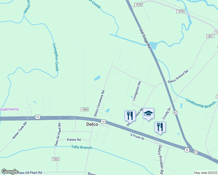 map of restaurants, bars, coffee shops, grocery stores, and more near 478 Delco Cemetery Road in Delco