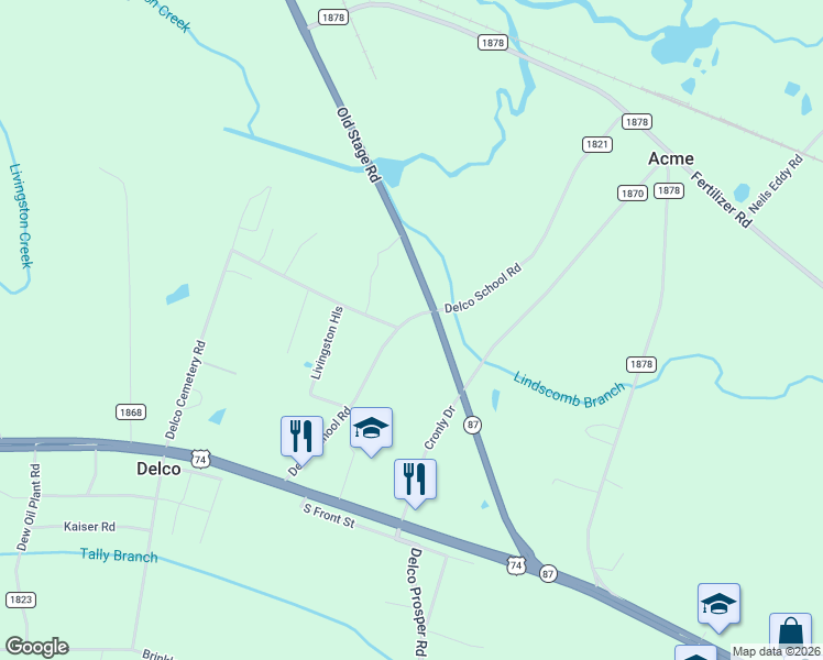map of restaurants, bars, coffee shops, grocery stores, and more near 714 Delco School Road in Delco