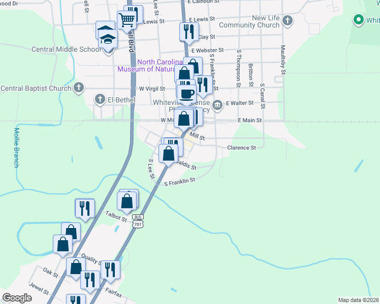 map of restaurants, bars, coffee shops, grocery stores, and more near 2 Lewis Smith Shopping Center in Whiteville