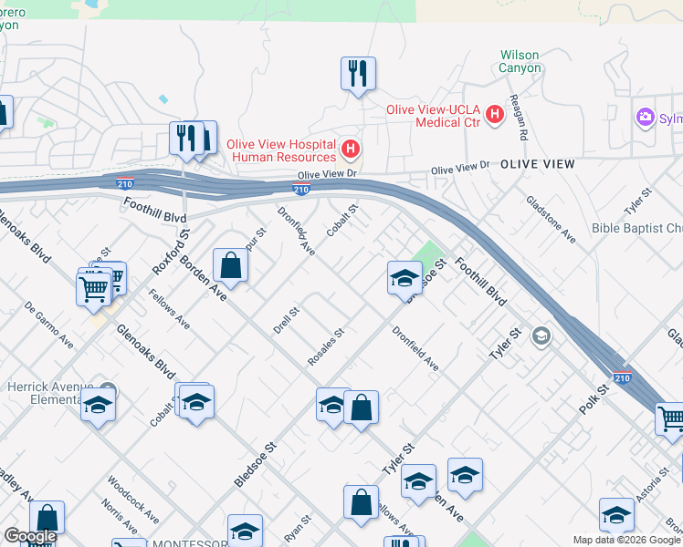 map of restaurants, bars, coffee shops, grocery stores, and more near 13656 Dronfield Avenue in Los Angeles