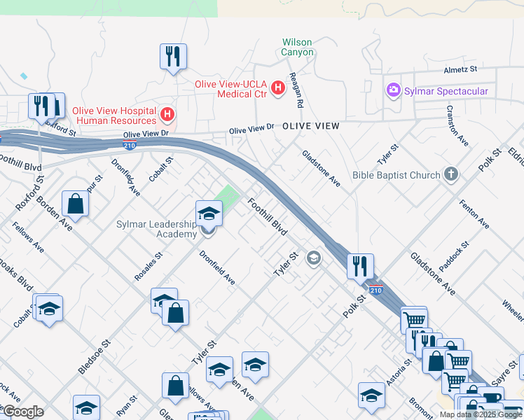 map of restaurants, bars, coffee shops, grocery stores, and more near 14345 Foothill Boulevard in Los Angeles