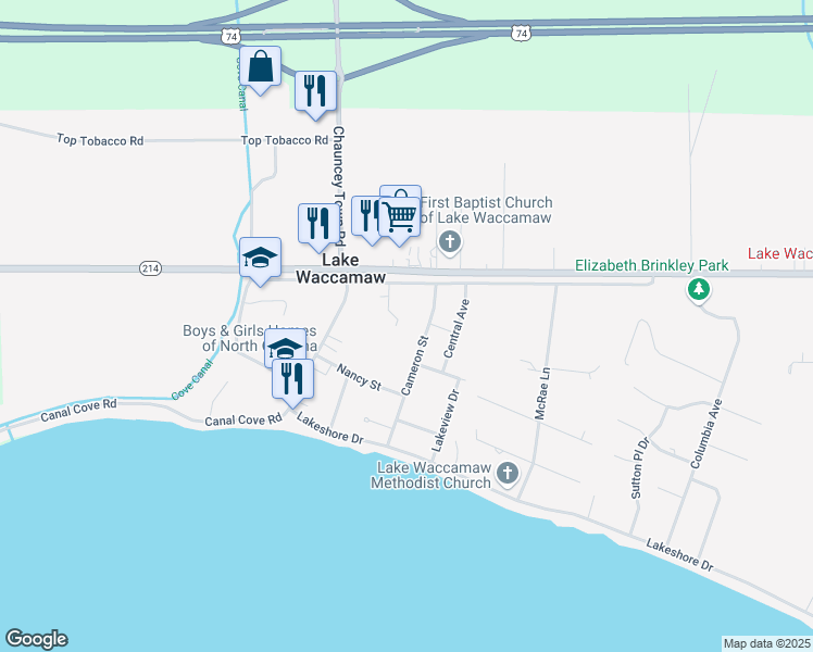 map of restaurants, bars, coffee shops, grocery stores, and more near 106 Cameron Street in Lake Waccamaw