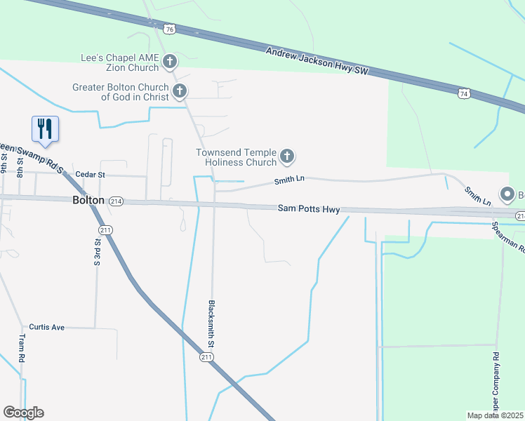 map of restaurants, bars, coffee shops, grocery stores, and more near 16250 Sam Potts Highway in Bolton