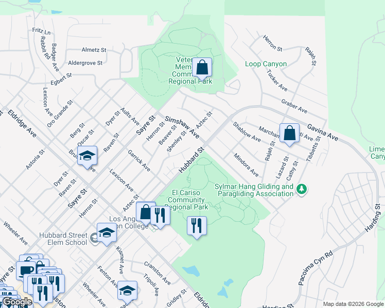 map of restaurants, bars, coffee shops, grocery stores, and more near 13034 Aztec Street in Los Angeles