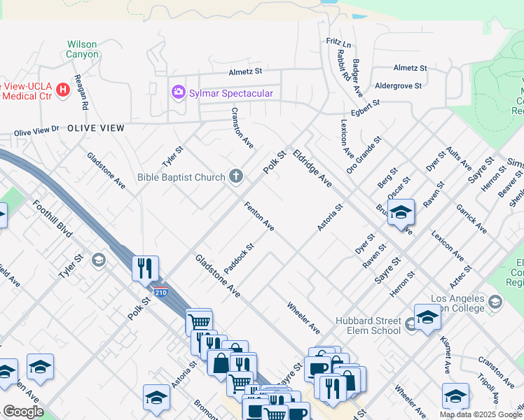 map of restaurants, bars, coffee shops, grocery stores, and more near 13650 Fenton Avenue in Los Angeles