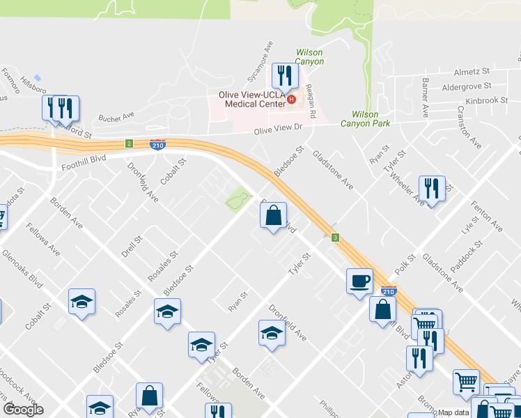 map of restaurants, bars, coffee shops, grocery stores, and more near 14380 Foothill Boulevard in Los Angeles