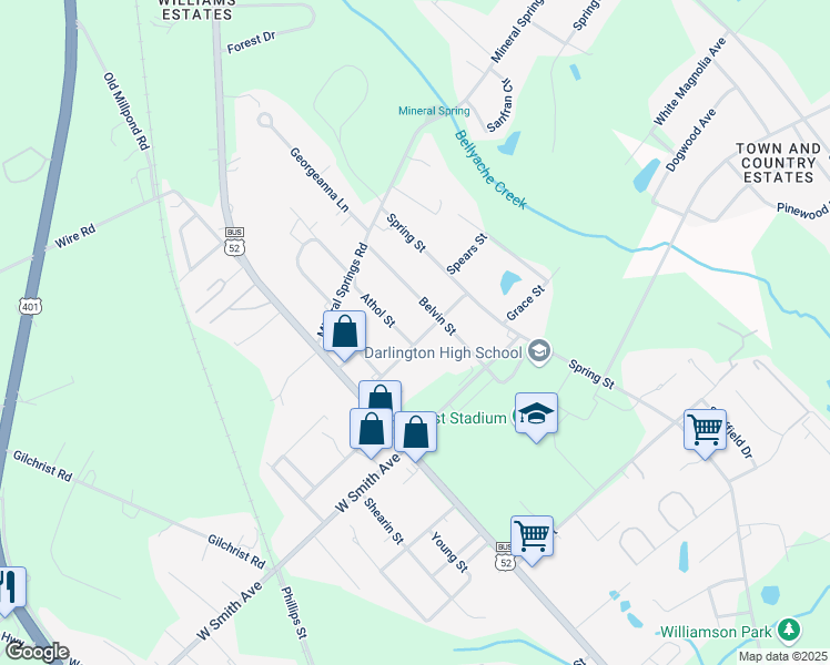 map of restaurants, bars, coffee shops, grocery stores, and more near 201 Langston Road in Darlington