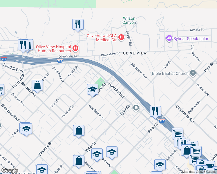 map of restaurants, bars, coffee shops, grocery stores, and more near 14440 Bledsoe Street in Los Angeles