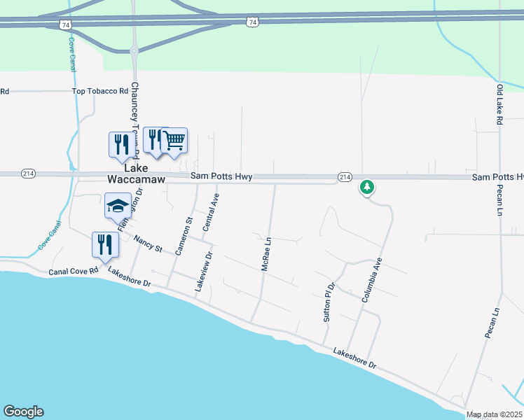 map of restaurants, bars, coffee shops, grocery stores, and more near 202 McRae Lane in Lake Waccamaw
