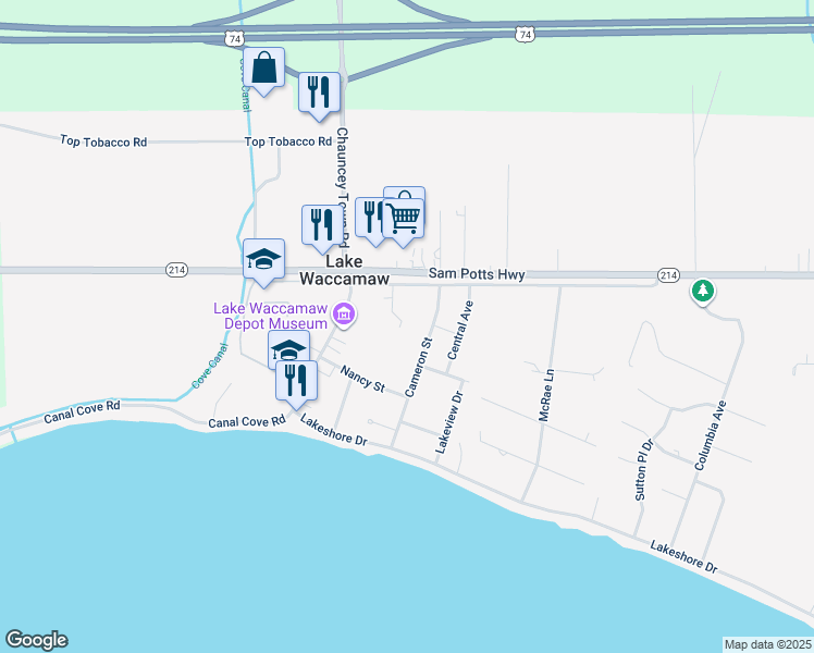 map of restaurants, bars, coffee shops, grocery stores, and more near 106 Cameron Street in Lake Waccamaw
