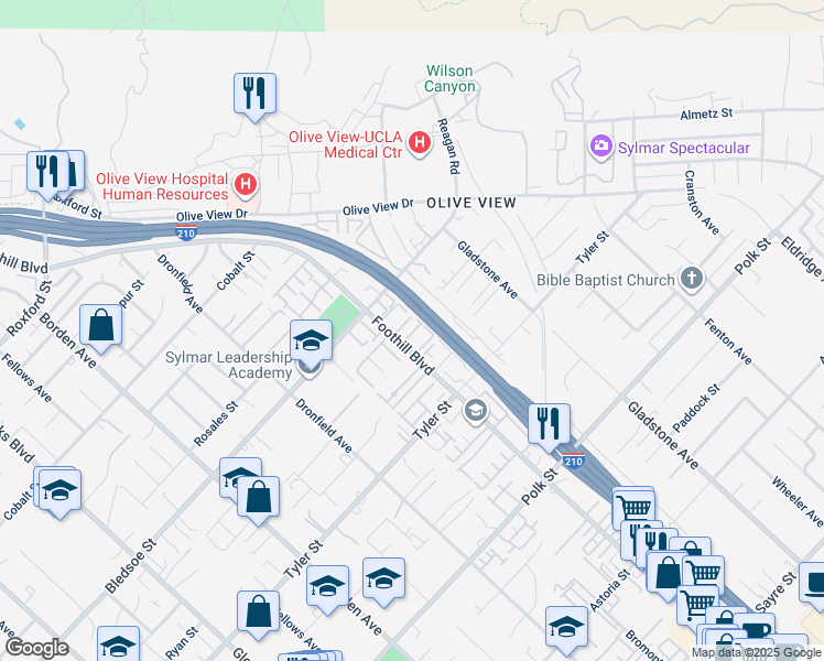 map of restaurants, bars, coffee shops, grocery stores, and more near 14345 Foothill Boulevard in Los Angeles