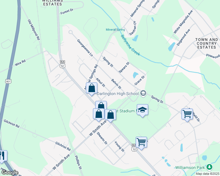 map of restaurants, bars, coffee shops, grocery stores, and more near 201 Langston Road in Darlington