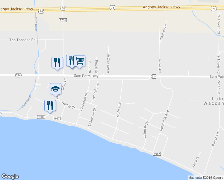 map of restaurants, bars, coffee shops, grocery stores, and more near 202 McRae Lane in Lake Waccamaw