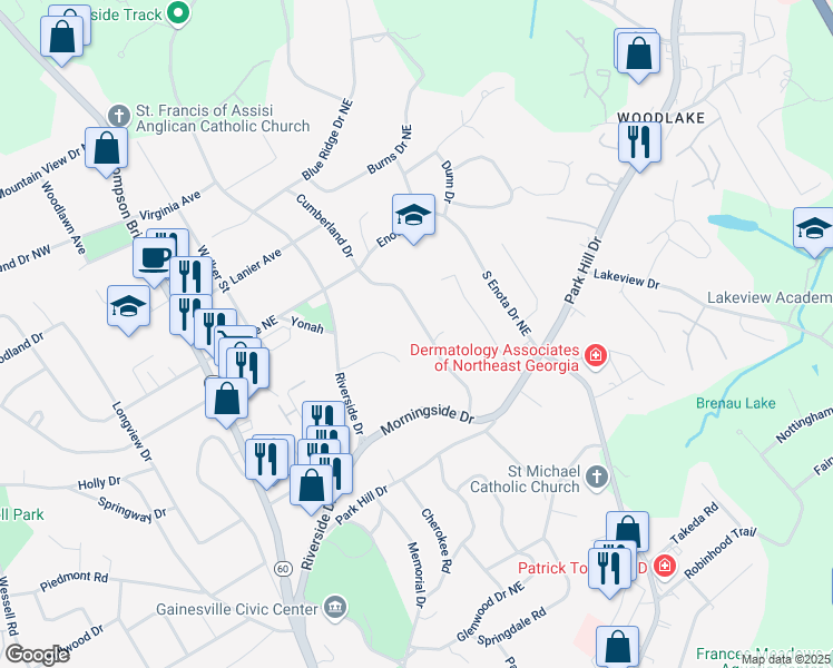 map of restaurants, bars, coffee shops, grocery stores, and more near 1127 Cumberland Valley Road in Gainesville