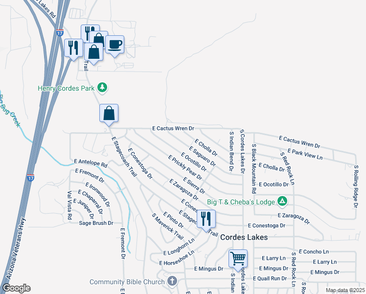 map of restaurants, bars, coffee shops, grocery stores, and more near 20060 East Ocotillo Drive in Mayer