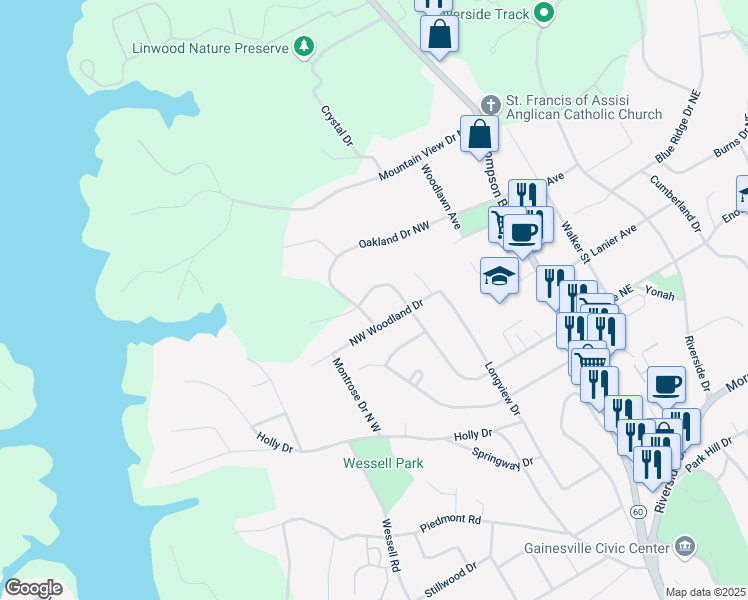 map of restaurants, bars, coffee shops, grocery stores, and more near 387 Hollywood Circle in Gainesville