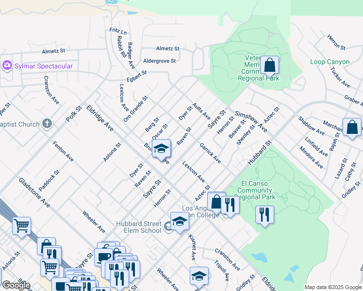 map of restaurants, bars, coffee shops, grocery stores, and more near 13334 Raven Street in Los Angeles